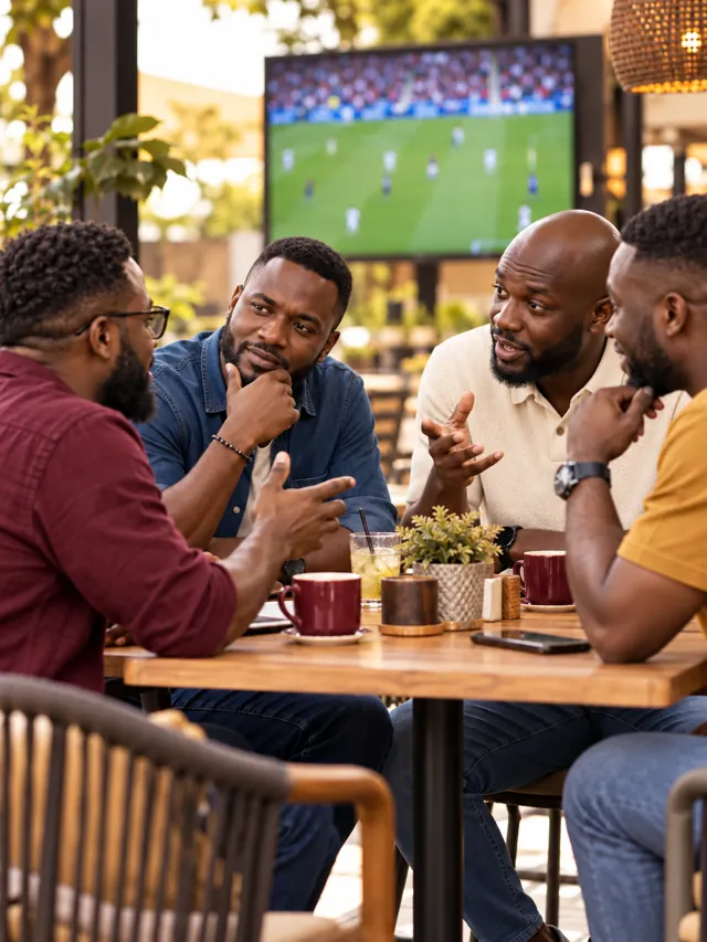 Adult African football supporters discussing a match