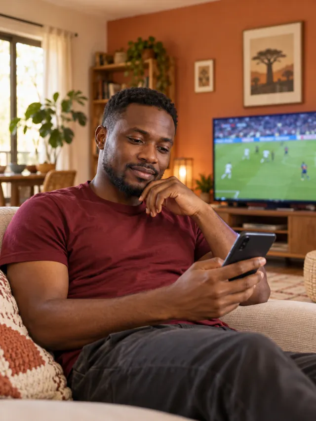 Adult football viewer checking his phone at home