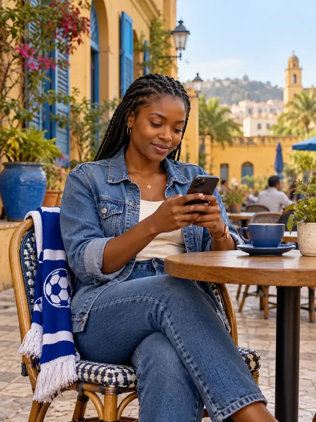 Adult woman reviewing her phone at an outdoor café