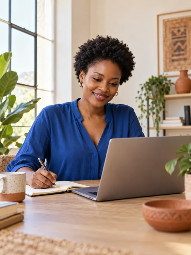 African woman writing notes beside her laptop