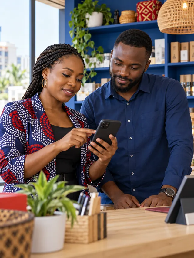 African professionals discussing mobile distribution at a local shop