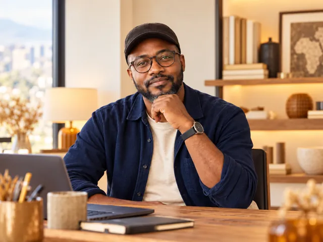 African professional wearing a cap and glasses in a local workspace