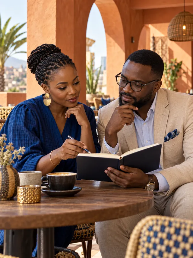 Two African professionals discussing a partnership in a café