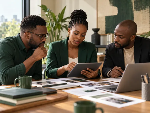 African professionals reviewing market research and a mobile product