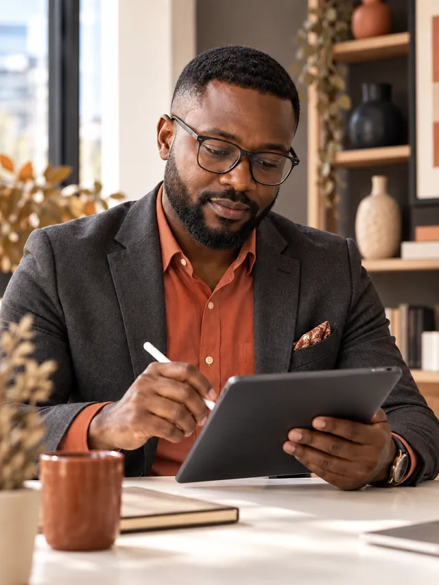African professional reviewing information on a tablet